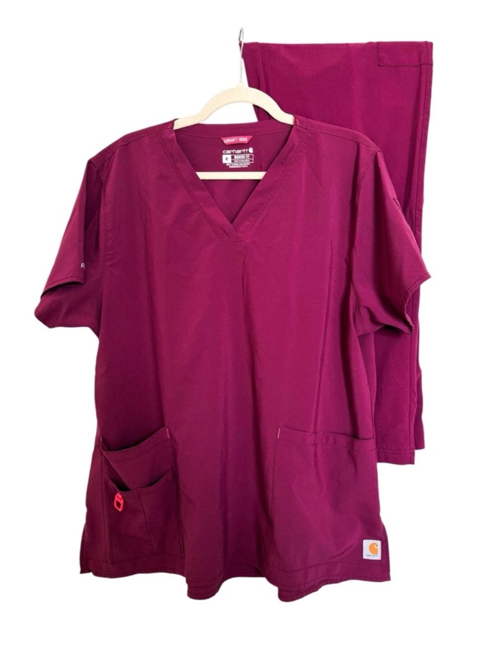 Carhartt Women’s Force Cross Flex V-Neck Scrub Set Maroon with Pink Stitching